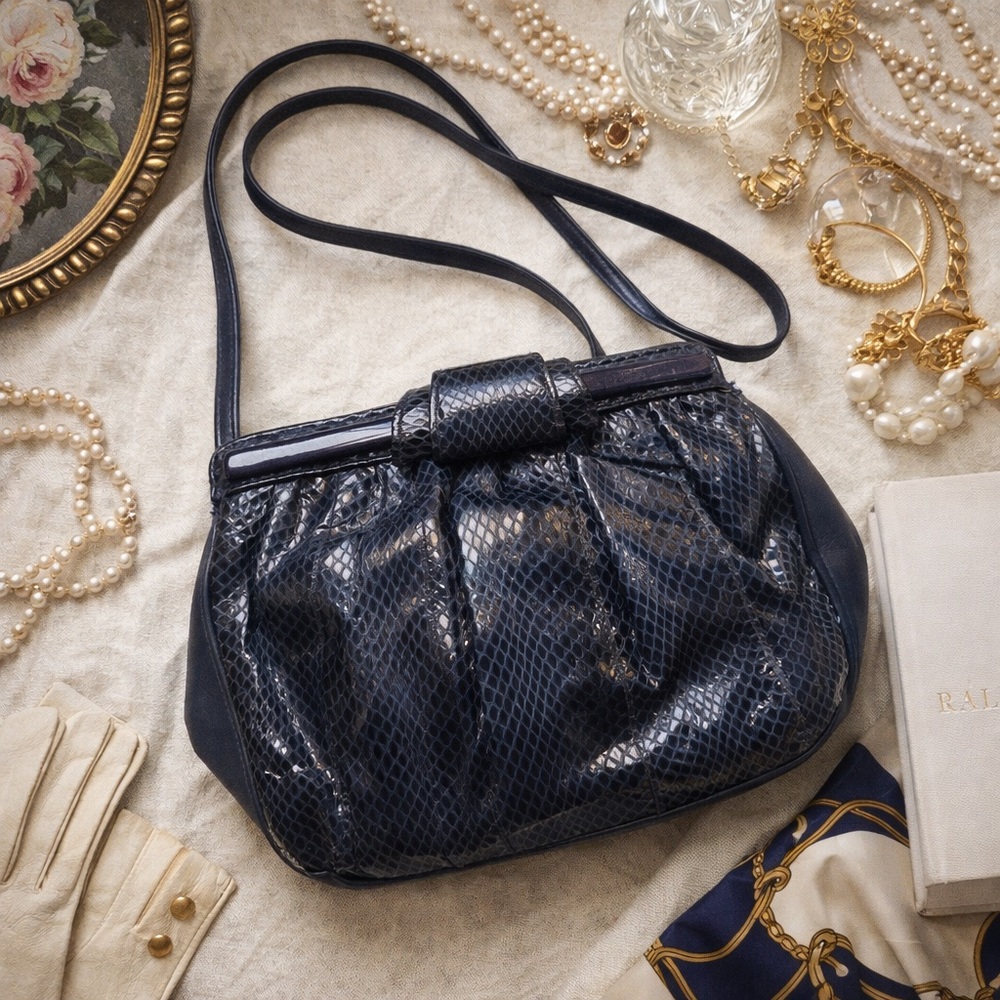 Aspects by Lisette Snakeskin Embossed Leather Shoulder Bag Navy Vintage 90s